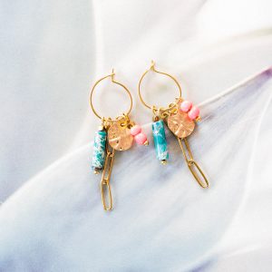 Oorbellen roze kwarts met ketting